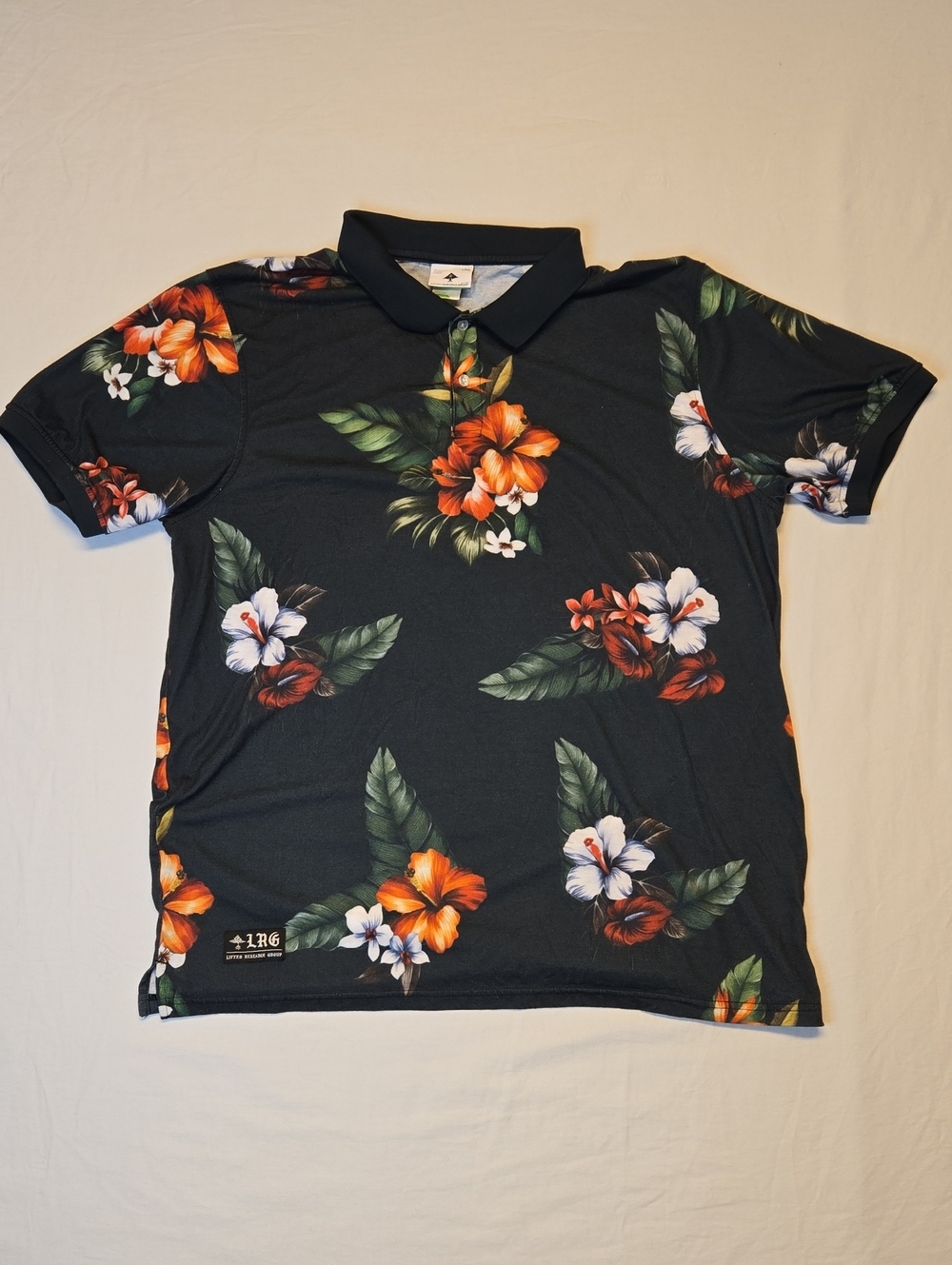 LRG Black Short Sleeve Polo Shirt with Orange, Red & White Floral Print Vintage